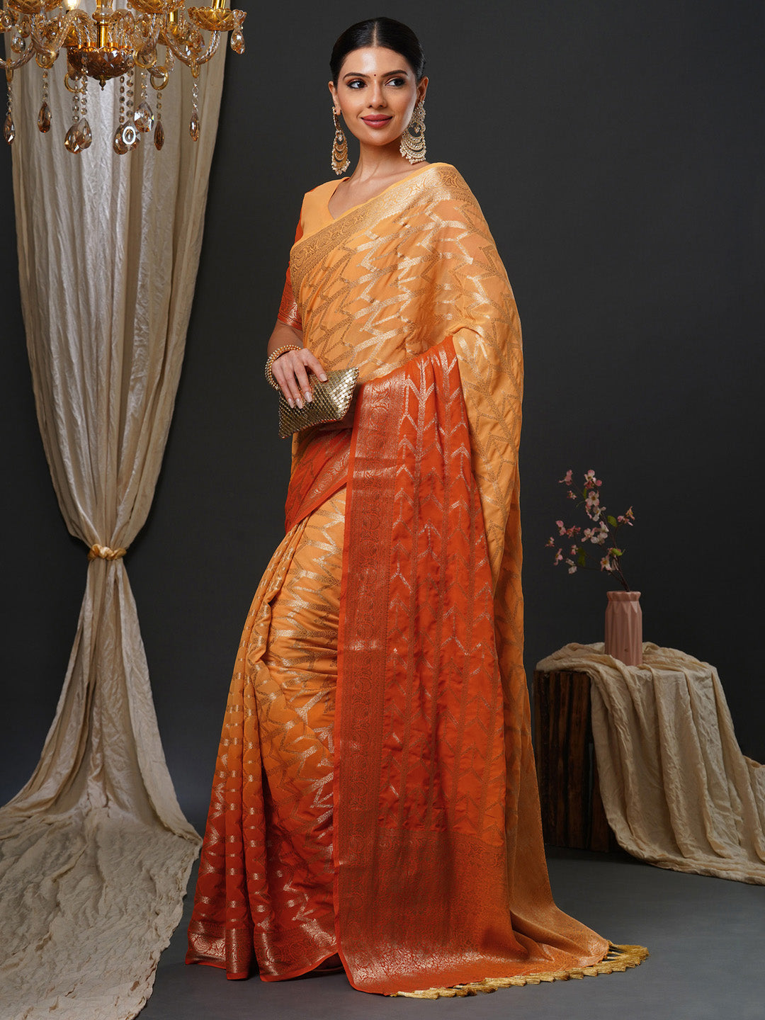 NOZ2TOZ Women's Georgette Orange Woven Design Designer Saree With Blouse Piece - Distacart