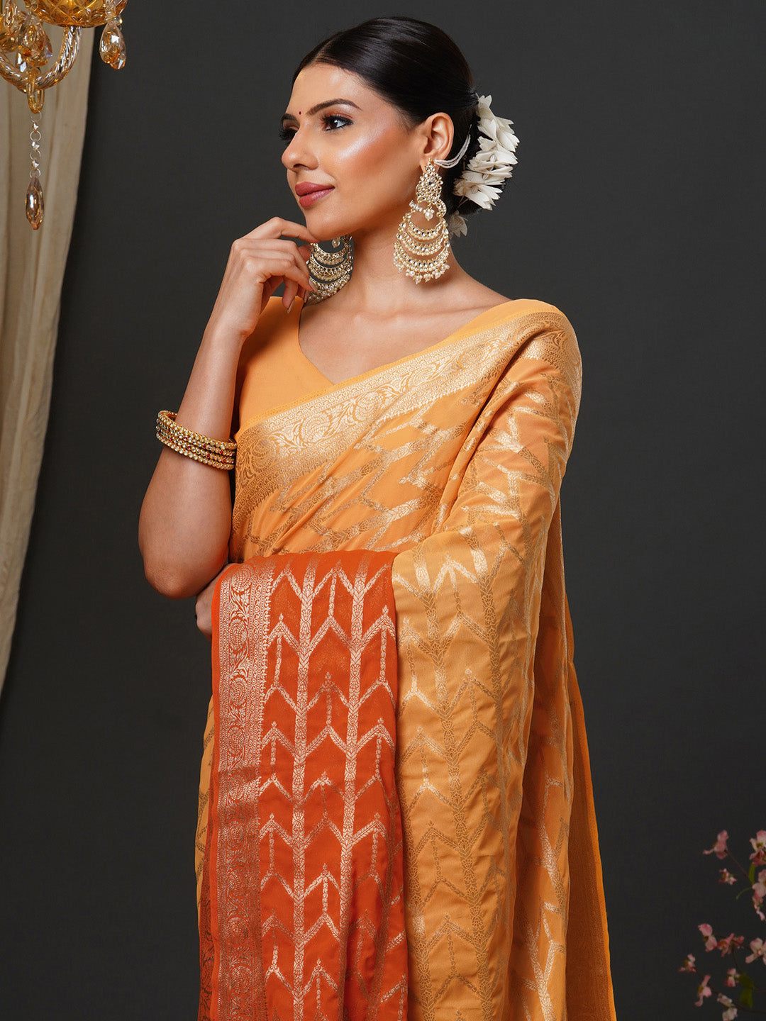 NOZ2TOZ Women's Georgette Orange Woven Design Designer Saree With Blouse Piece - Distacart