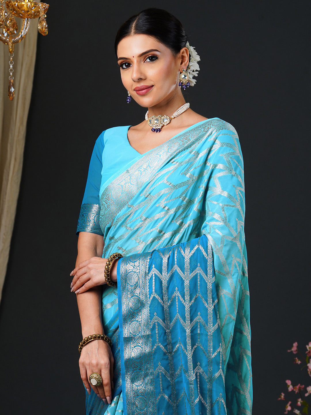 NOZ2TOZ Women's Georgette Light Blue Woven Design Designer Saree With Blouse Piece - Distacart