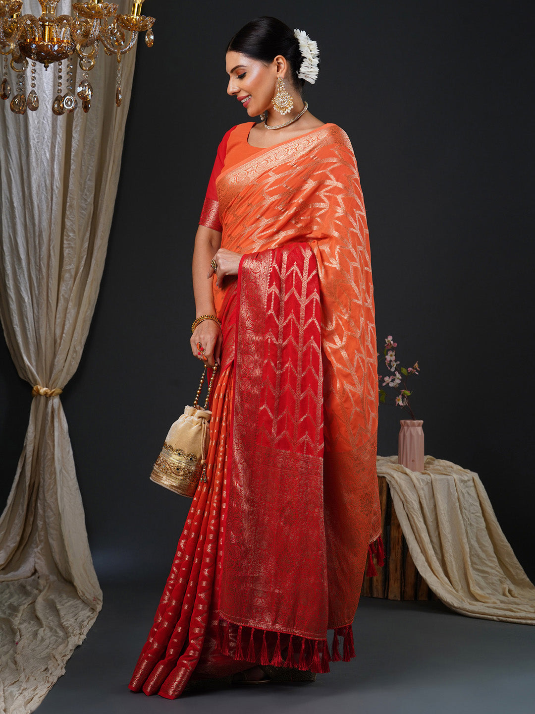 NOZ2TOZ Women's Georgette Orange Woven Design Designer Saree With Blouse Piece - Distacart