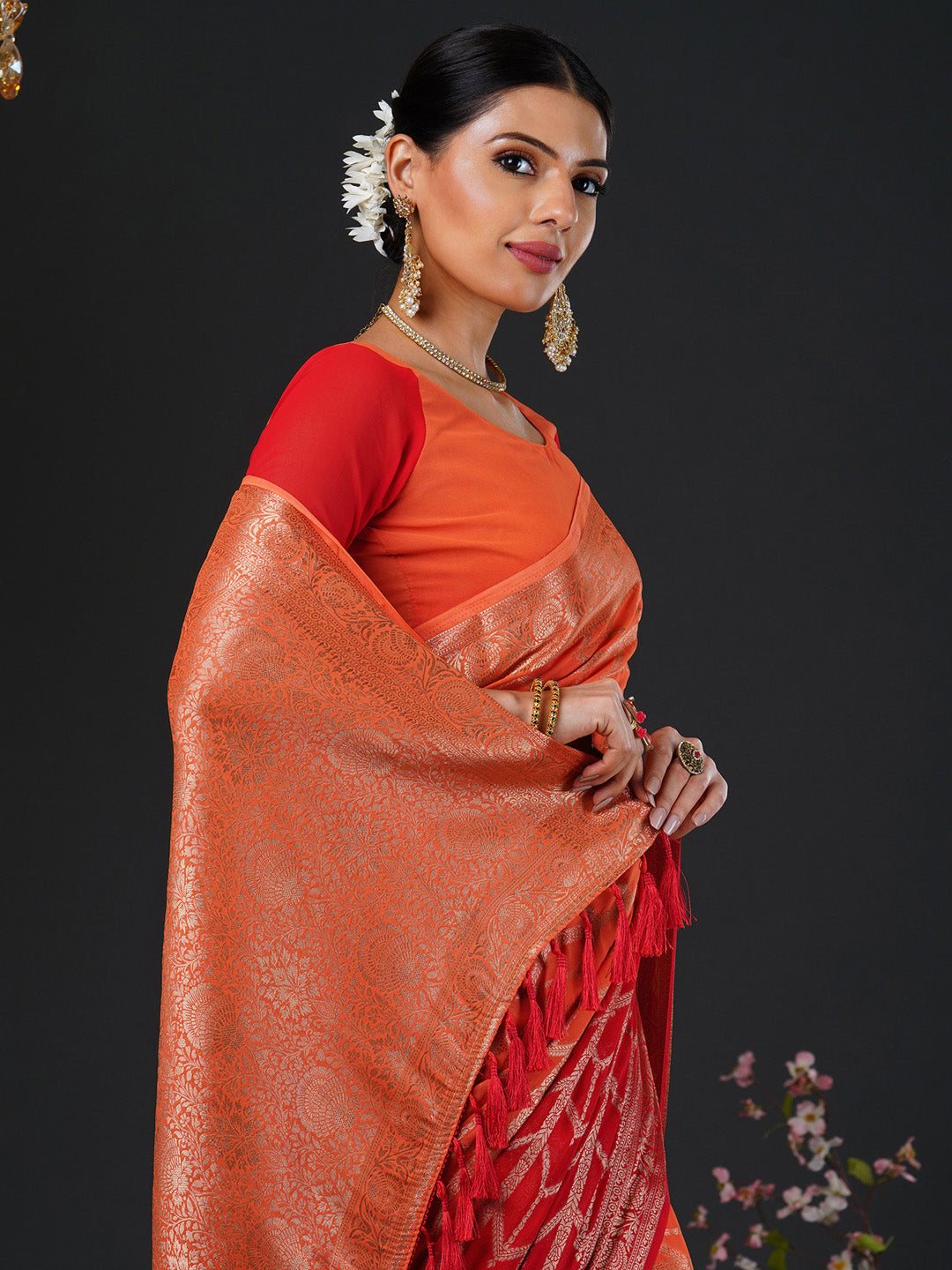 NOZ2TOZ Women's Georgette Orange Woven Design Designer Saree With Blouse Piece - Distacart