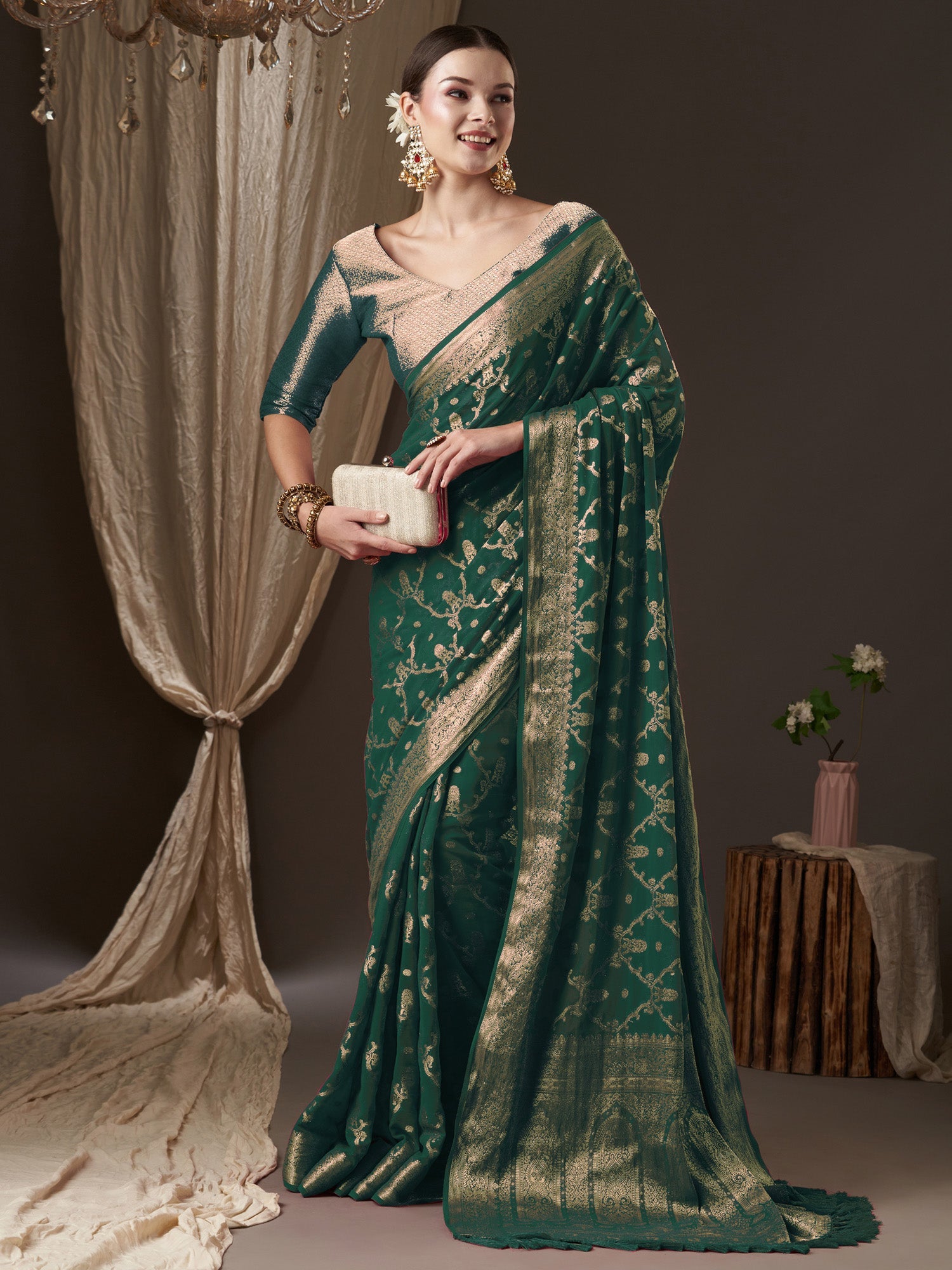 NOZ2TOZ Women's Georgette Green Woven Design Designer Saree With Blouse Piece - Distacart