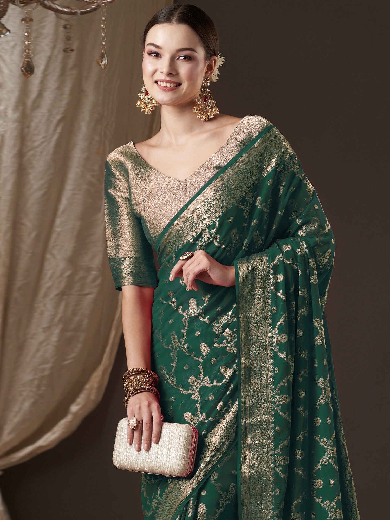 NOZ2TOZ Women's Georgette Green Woven Design Designer Saree With Blouse Piece - Distacart