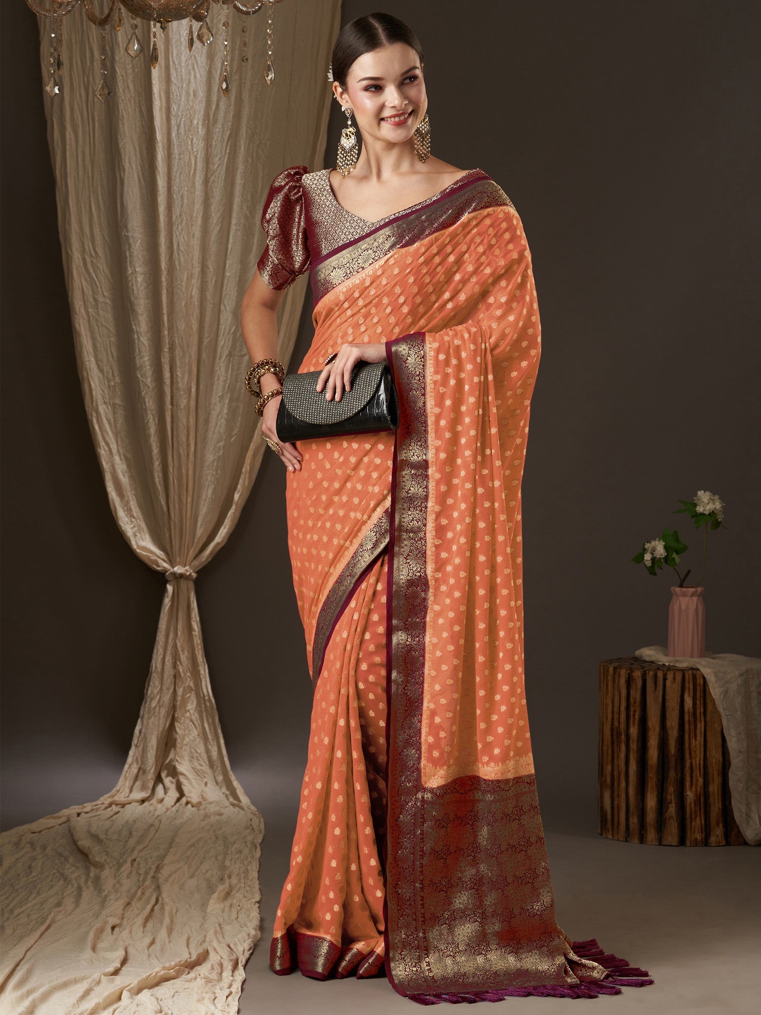 NOZ2TOZ Women's Georgette Peach Woven Design Designer Saree With Blouse Piece - Distacart