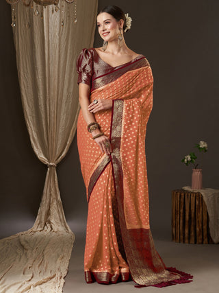 NOZ2TOZ Women's Georgette Peach Woven Design Designer Saree With Blouse Piece - Distacart