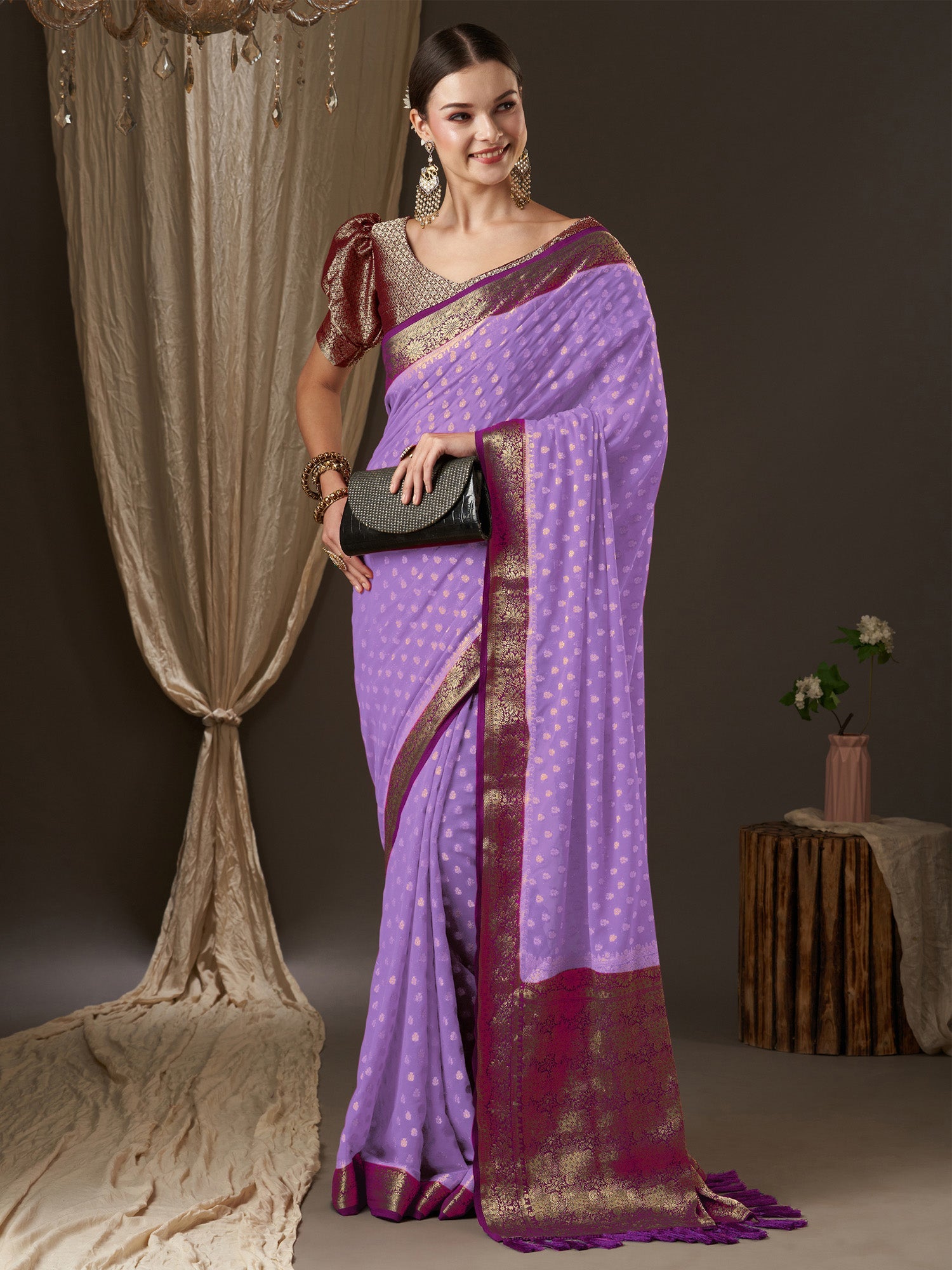 NOZ2TOZ Women's Georgette Lavender Woven Design Designer Saree With Blouse Piece - Distacart