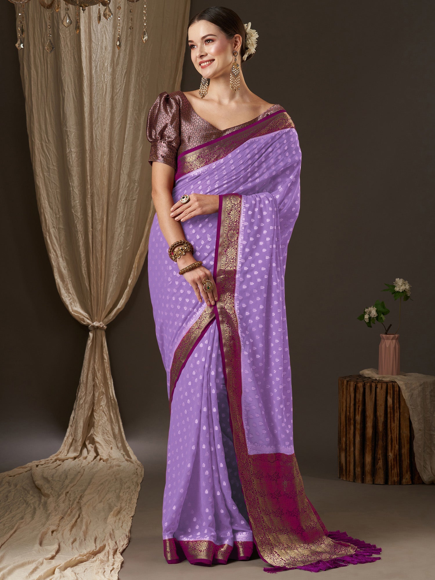 NOZ2TOZ Women's Georgette Lavender Woven Design Designer Saree With Blouse Piece - Distacart