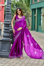 Thumbnail for Vastranavya Purple Embroidery Work Shimmer Chiffon Saree with Unstitched Blouse