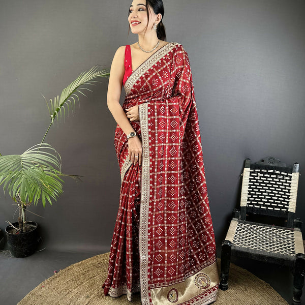 Joban Fashion Maroon Bandhej Bandhani Vichitra Silk Bandhani Prints Saree