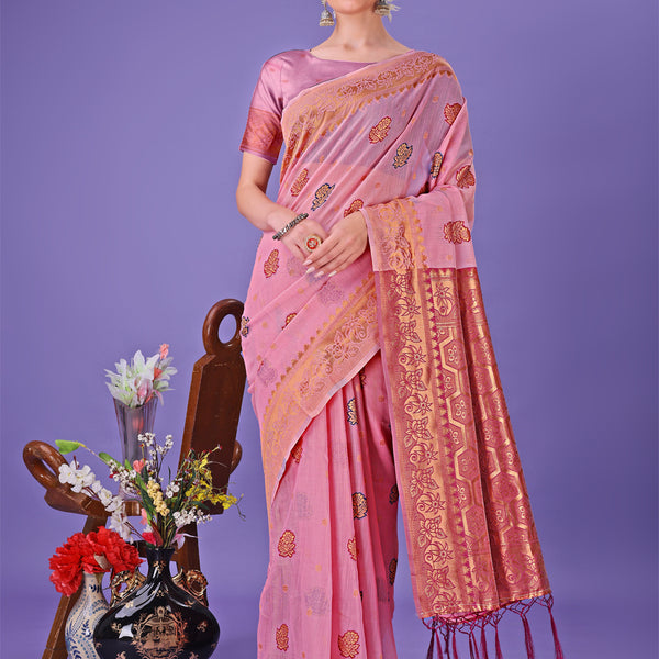 Astita Light Pink Woven Zari Traditional Linen Cotton Saree with Rich Pallu & Unstitched Blouse - Festive & Wedding Wear Saree - Distacart