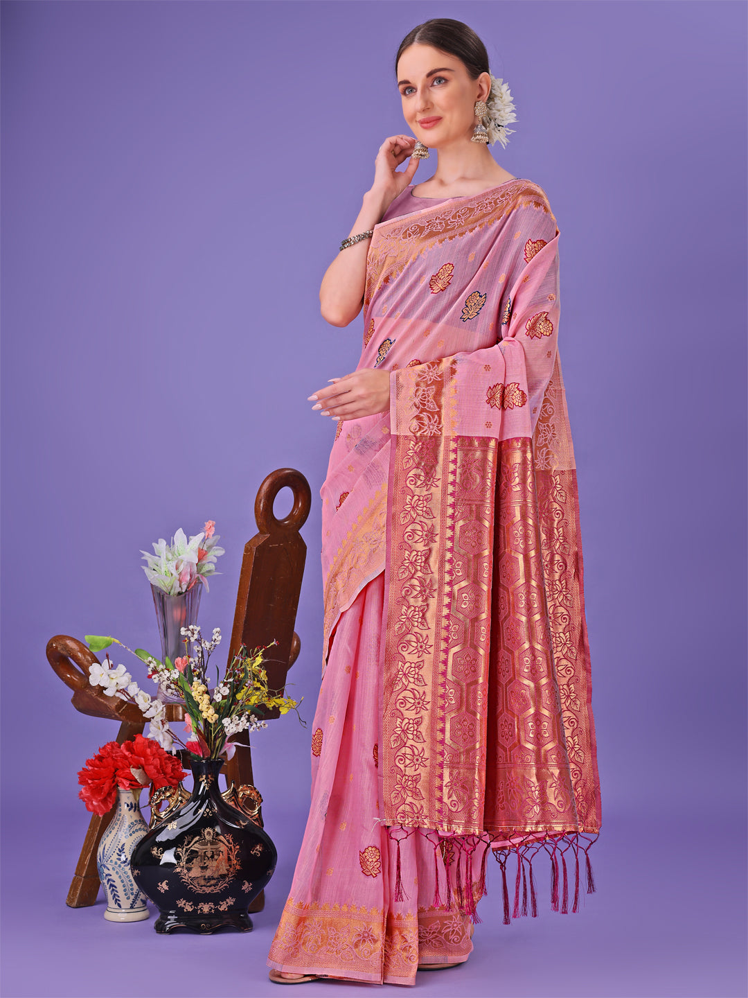 Astita Light Pink Woven Zari Traditional Linen Cotton Saree with Rich Pallu & Unstitched Blouse - Festive & Wedding Wear Saree - Distacart