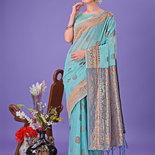 Astita Sea Green Woven Zari Traditional Linen Cotton Saree with Rich Pallu & Unstitched Blouse - Festive & Wedding Wear Saree - Distacart