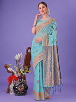 Thumbnail for Astita Sea Green Woven Zari Traditional Linen Cotton Saree with Rich Pallu & Unstitched Blouse - Festive & Wedding Wear Saree - Distacart