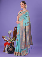 Thumbnail for Astita Sea Green Woven Zari Traditional Linen Cotton Saree with Rich Pallu & Unstitched Blouse - Festive & Wedding Wear Saree - Distacart