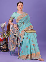 Thumbnail for Astita Sea Green Woven Zari Traditional Linen Cotton Saree with Rich Pallu & Unstitched Blouse - Festive & Wedding Wear Saree - Distacart
