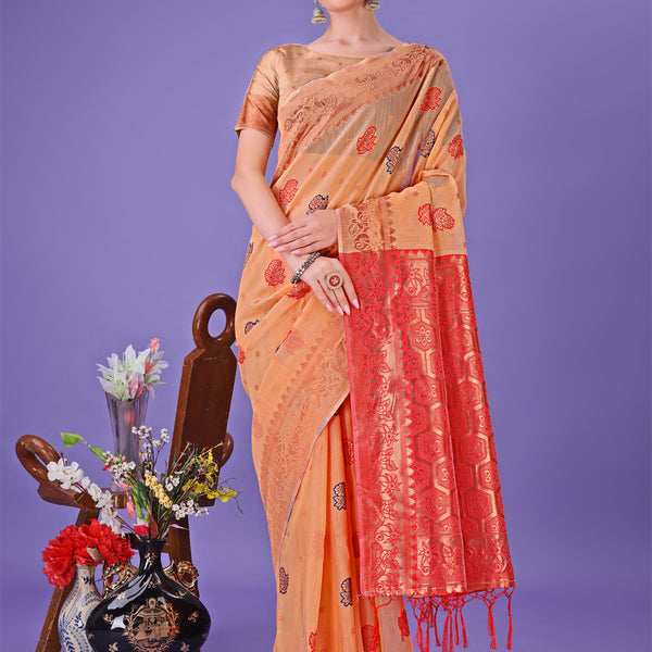 Astita Orange Woven Zari Traditional Linen Cotton Saree with Rich Pallu & Unstitched Blouse - Festive & Wedding Wear Saree - Distacart