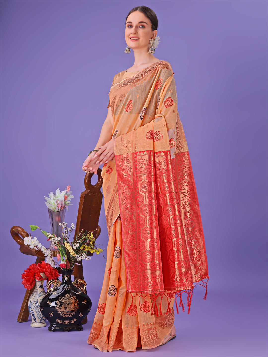 Astita Orange Woven Zari Traditional Linen Cotton Saree with Rich Pallu & Unstitched Blouse - Festive & Wedding Wear Saree - Distacart