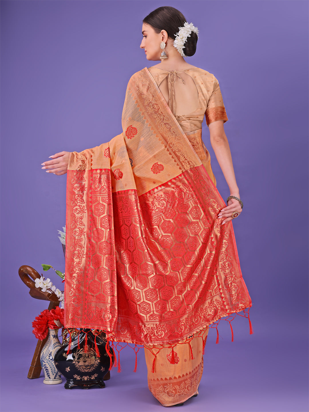 Astita Orange Woven Zari Traditional Linen Cotton Saree with Rich Pallu & Unstitched Blouse - Festive & Wedding Wear Saree - Distacart
