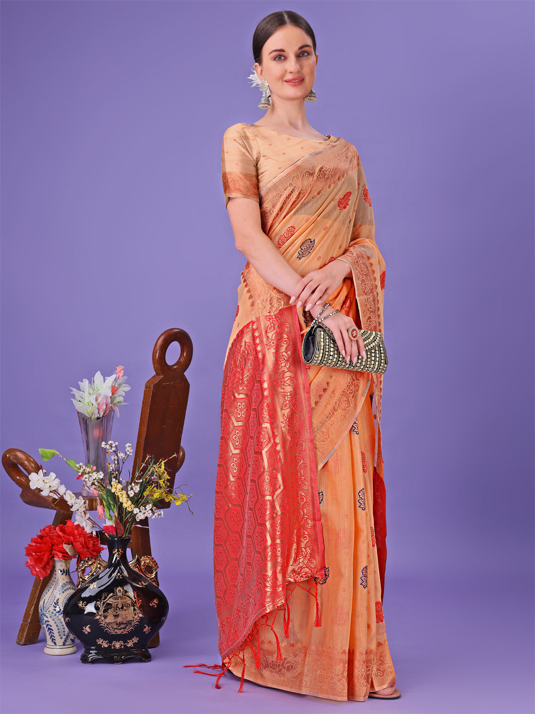 Astita Orange Woven Zari Traditional Linen Cotton Saree with Rich Pallu & Unstitched Blouse - Festive & Wedding Wear Saree - Distacart