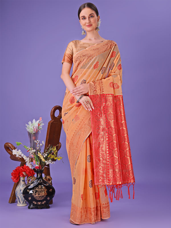 Astita Orange Woven Zari Traditional Linen Cotton Saree with Rich Pallu & Unstitched Blouse - Festive & Wedding Wear Saree - Distacart