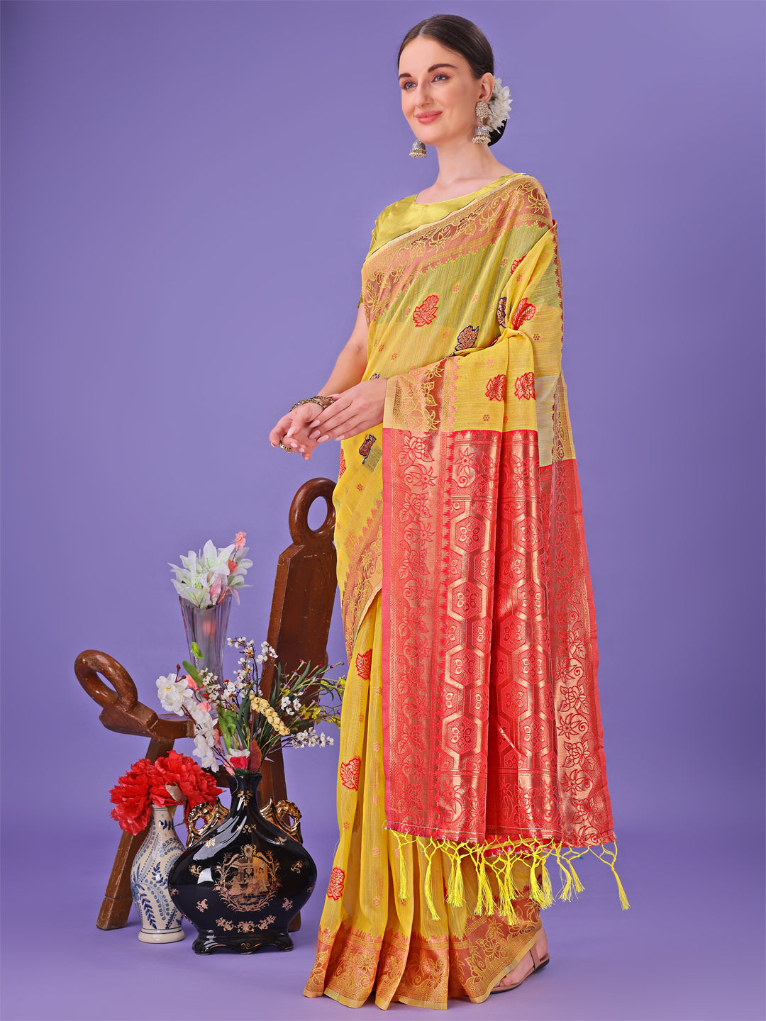 Astita Yellow Woven Zari Traditional Linen Cotton Saree with Rich Pallu & Unstitched Blouse - Festive & Wedding Wear Saree - Distacart