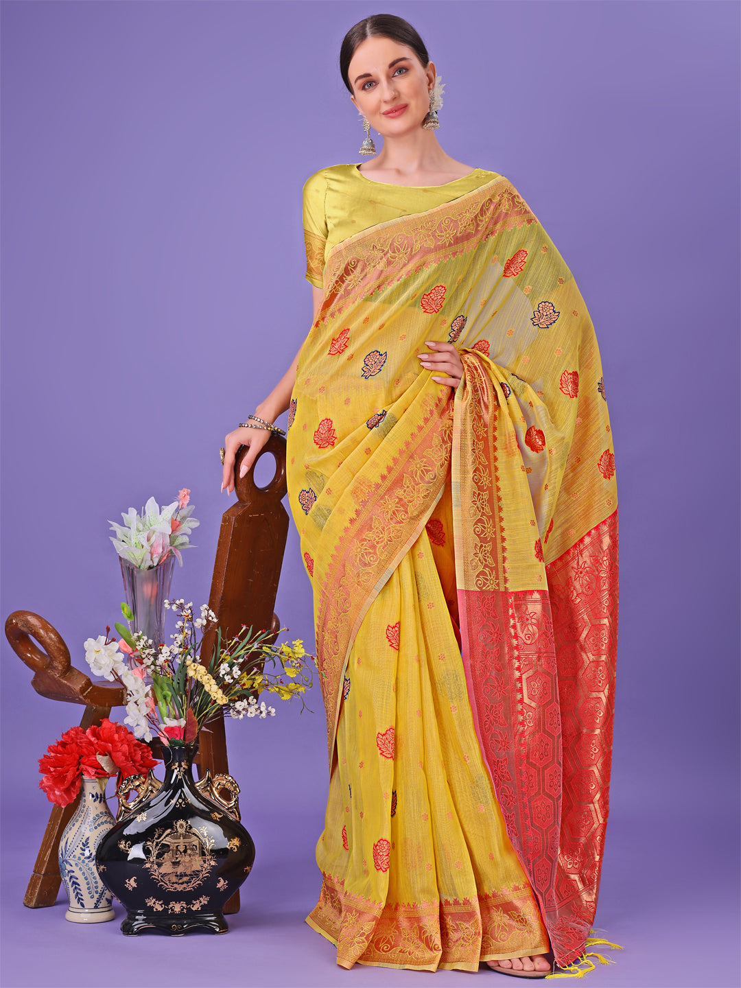 Astita Yellow Woven Zari Traditional Linen Cotton Saree with Rich Pallu & Unstitched Blouse - Festive & Wedding Wear Saree - Distacart