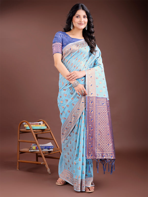 Astita Elegant Sky Blue Cotton Saree with Contrast Pallu - Perfect Blend of Tradition & Comfort
