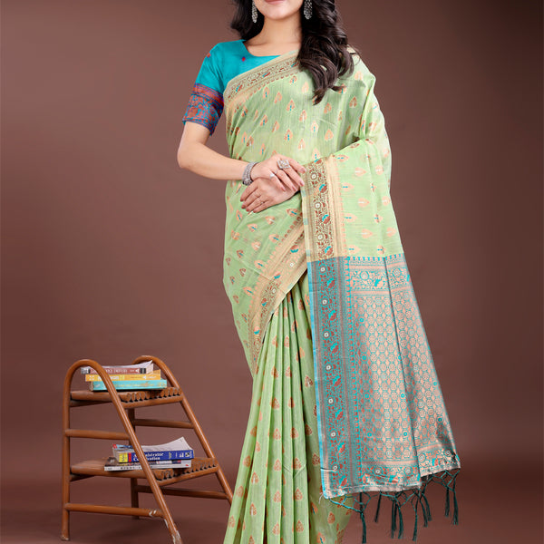 Astita Elegant Light Green Cotton Saree with Contrast Pallu - Perfect Blend of Tradition & Comfort - Distacart