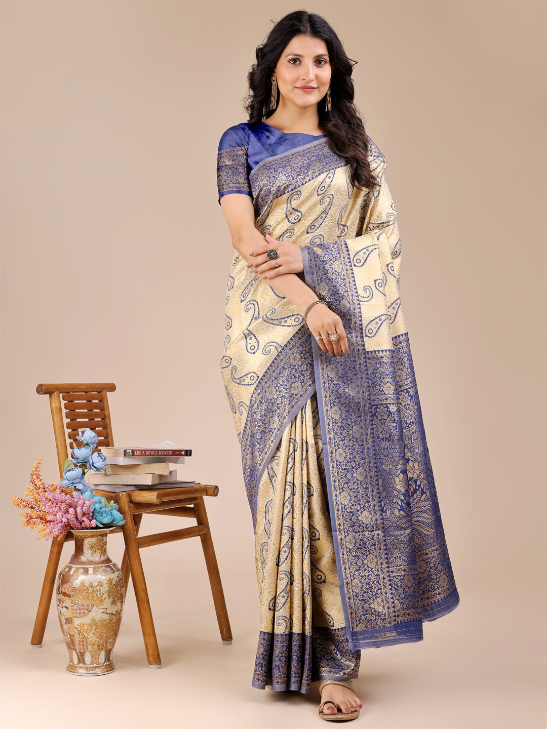 Astita Cream & Navy Blue Banarasi silk Woven Zari Work Traditional Tassel Saree - Distacart