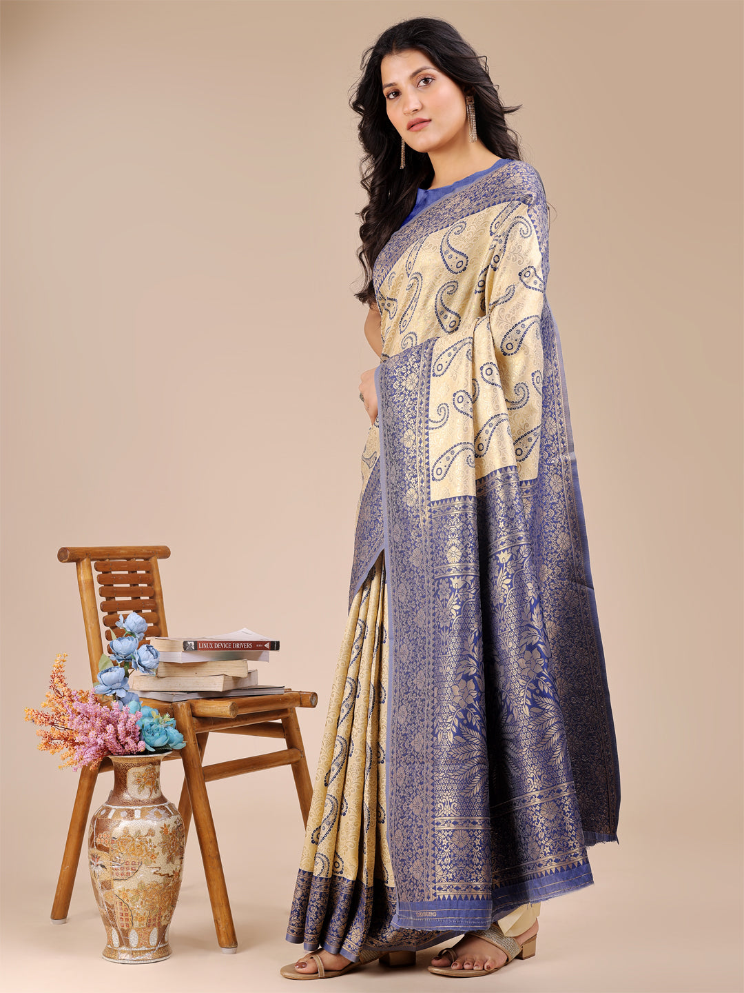 Astita Cream & Navy Blue Banarasi silk Woven Zari Work Traditional Tassel Saree - Distacart