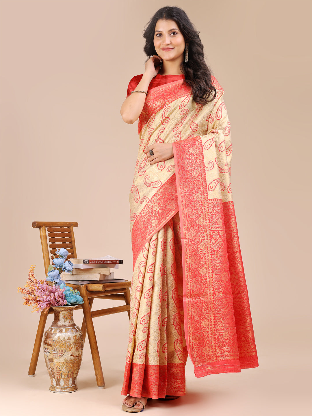 Astita Cream & Red Banarasi silk Woven Zari Work Traditional Tassel Saree - Distacart