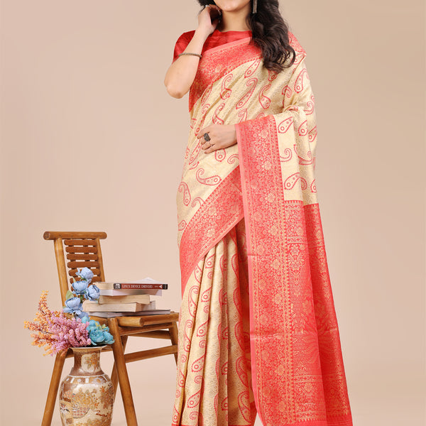 Astita Cream & Red Banarasi silk Woven Zari Work Traditional Tassel Saree - Distacart