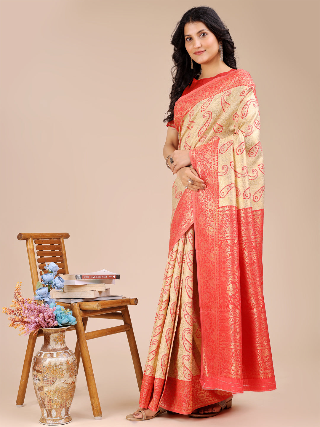 Astita Cream & Red Banarasi silk Woven Zari Work Traditional Tassel Saree - Distacart