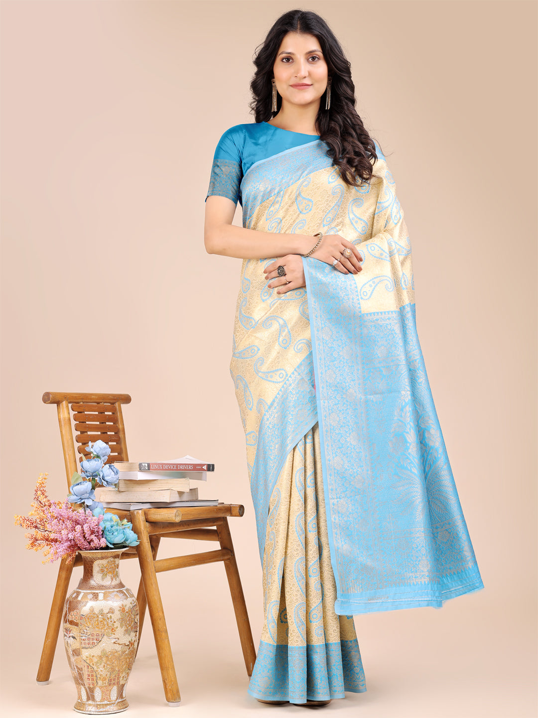 Astita Cream & Sky Blue Banarasi silk Woven Zari Work Traditional Tassel Saree - Distacart