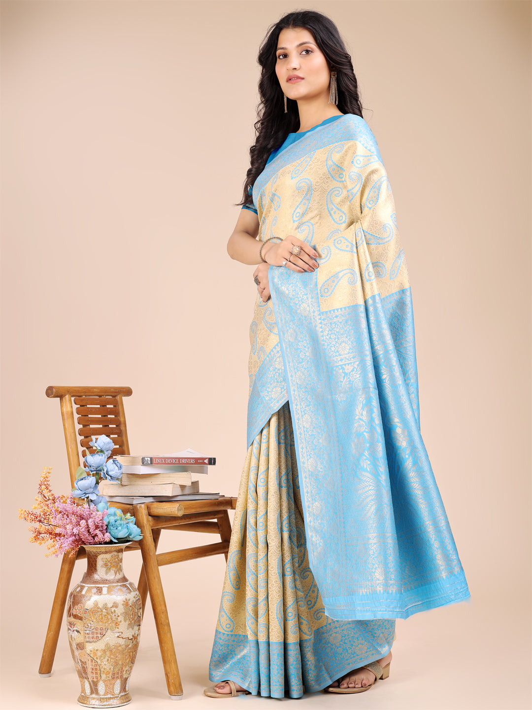 Astita Cream & Sky Blue Banarasi silk Woven Zari Work Traditional Tassel Saree - Distacart