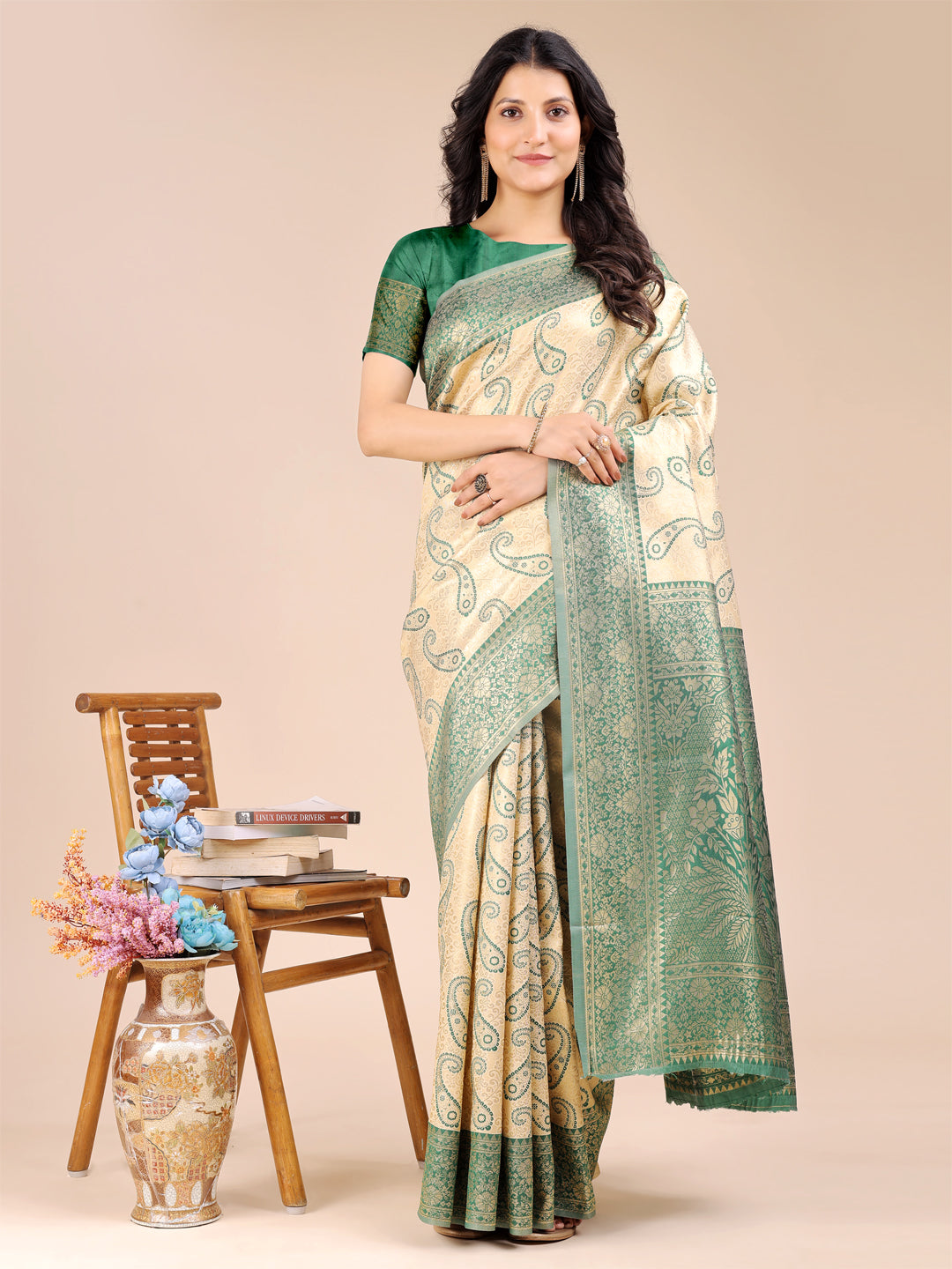 Astita Cream & Green Banarasi silk Woven Zari Work Traditional Tassel Saree - Distacart