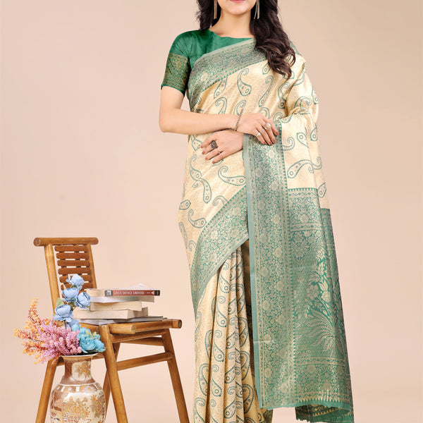 Astita Cream & Green Banarasi silk Woven Zari Work Traditional Tassel Saree - Distacart