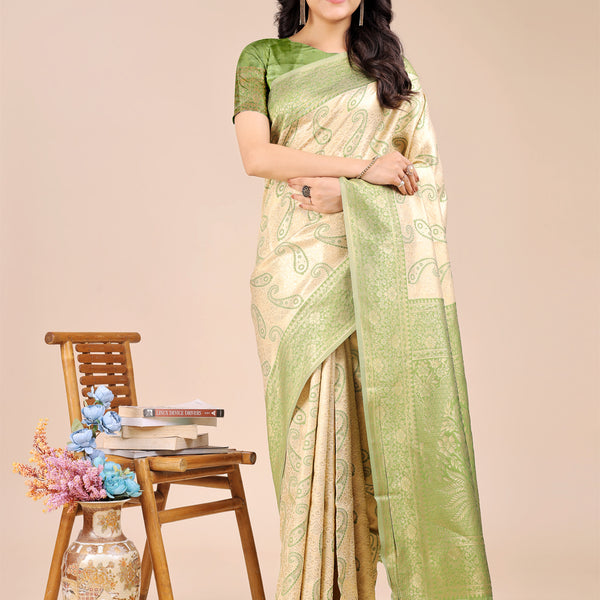 Astita Cream & Light Green Banarasi silk Woven Zari Work Traditional Tassel Saree - Distacart