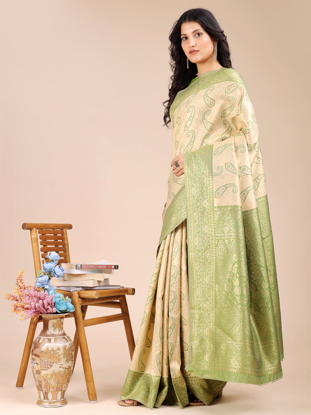 Astita Cream & Light Green Banarasi silk Woven Zari Work Traditional Tassel Saree - Distacart