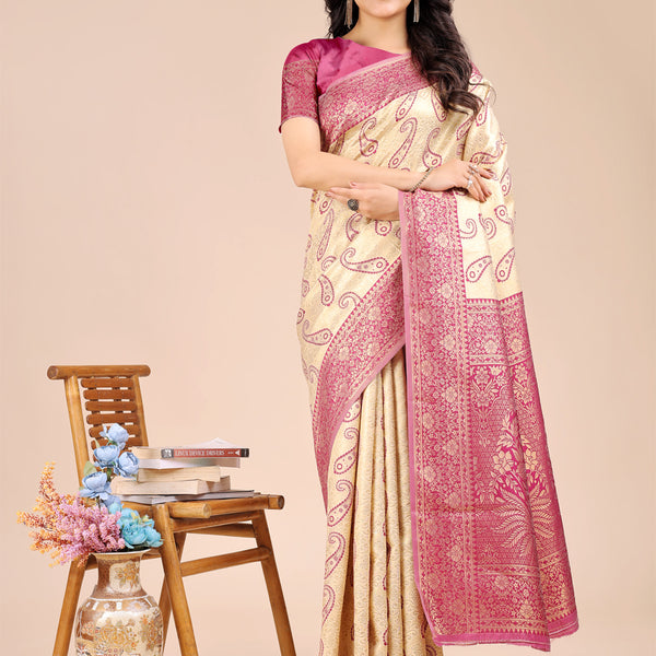 Astita Cream & Magenta Banarasi silk Woven Zari Work Traditional Tassel Saree - Distacart