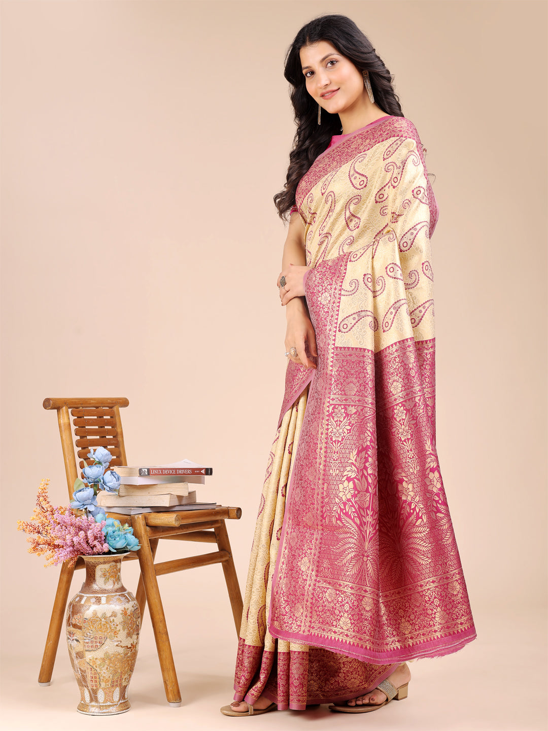 Astita Cream & Magenta Banarasi silk Woven Zari Work Traditional Tassel Saree - Distacart