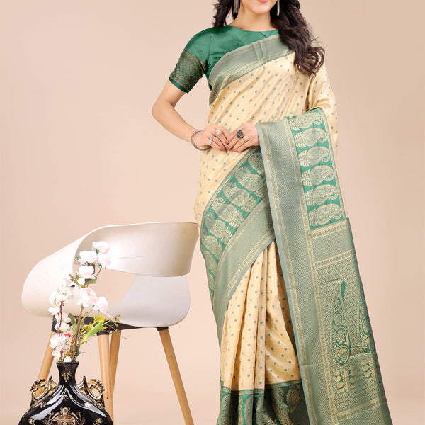 Astita Cream & Green Banarasi silk Woven Zari Work Traditional Tassel Saree - Distacart