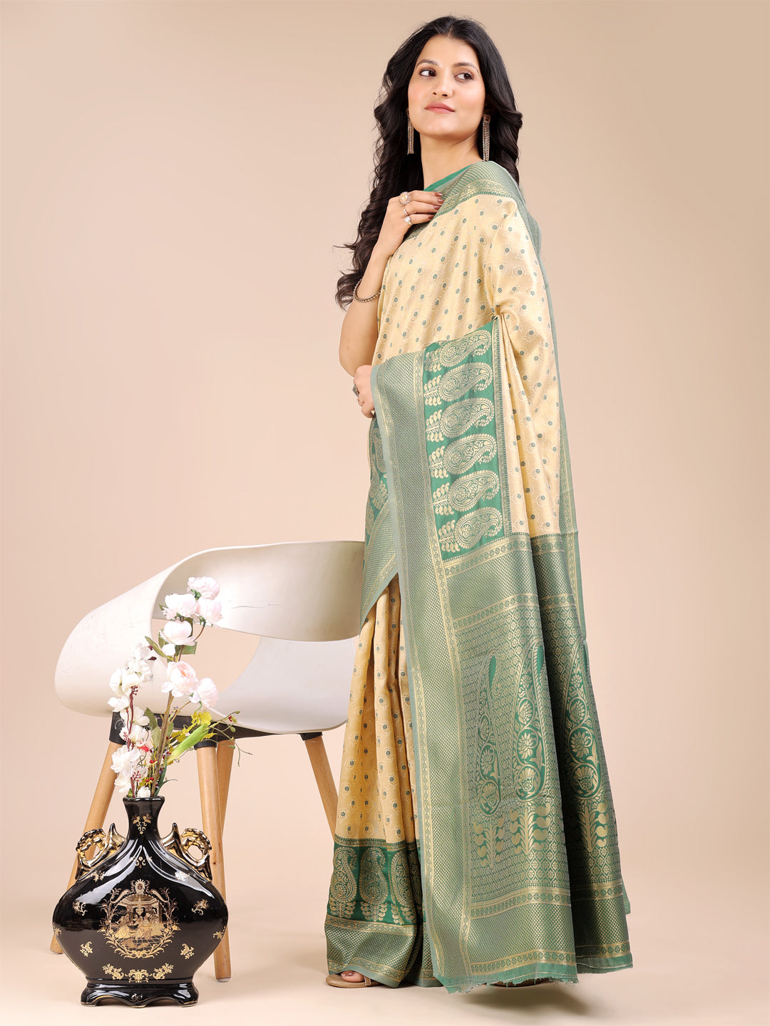 Astita Cream & Green Banarasi silk Woven Zari Work Traditional Tassel Saree - Distacart