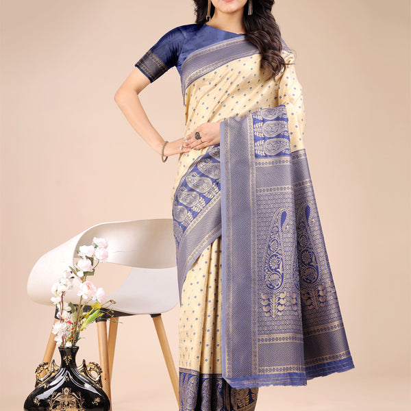 Astita Cream & Navy Blue Banarasi silk Woven Zari Work Traditional Tassel Saree - Distacart