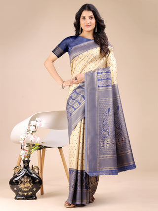 Astita Cream & Navy Blue Banarasi silk Woven Zari Work Traditional Tassel Saree - Distacart