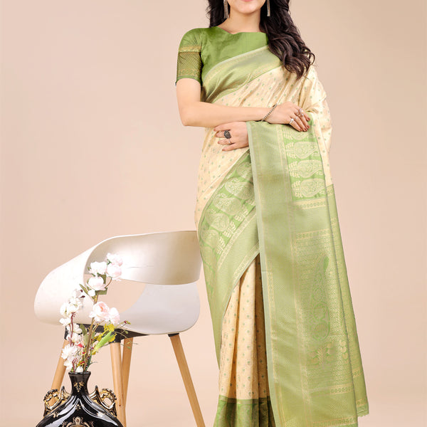 Astita Cream & Light Green Banarasi silk Woven Zari Work Traditional Tassel Saree - Distacart