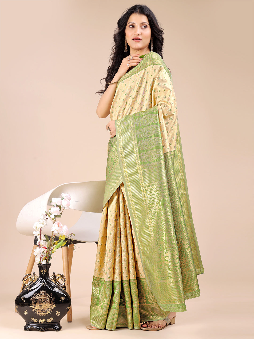 Astita Cream & Light Green Banarasi silk Woven Zari Work Traditional Tassel Saree - Distacart