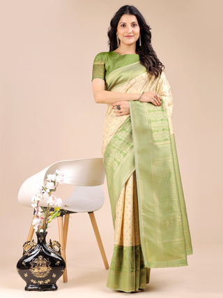 Astita Cream & Light Green Banarasi silk Woven Zari Work Traditional Tassel Saree - Distacart