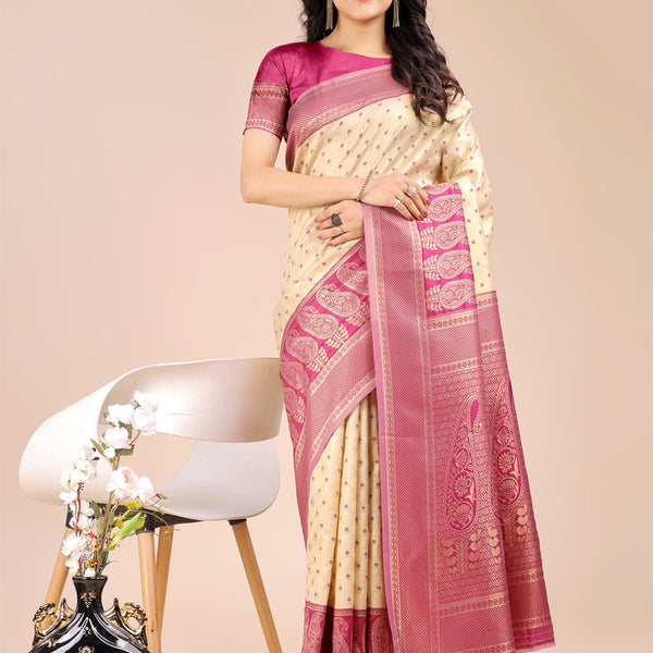 Astita Cream & Magenta Banarasi silk Woven Zari Work Traditional Tassel Saree - Distacart