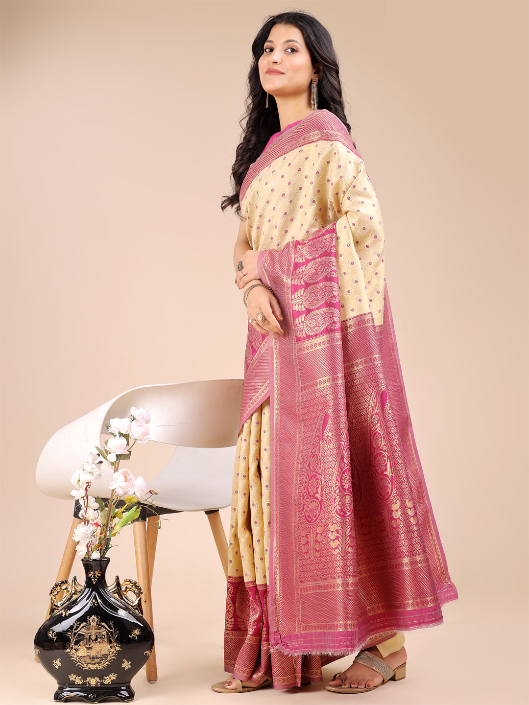 Astita Cream & Magenta Banarasi silk Woven Zari Work Traditional Tassel Saree - Distacart